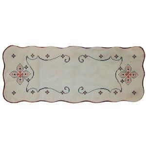 Vintage 70's Hand Stitched Linen Dresser Scarf Red Blue on Off White  15.5"x38"